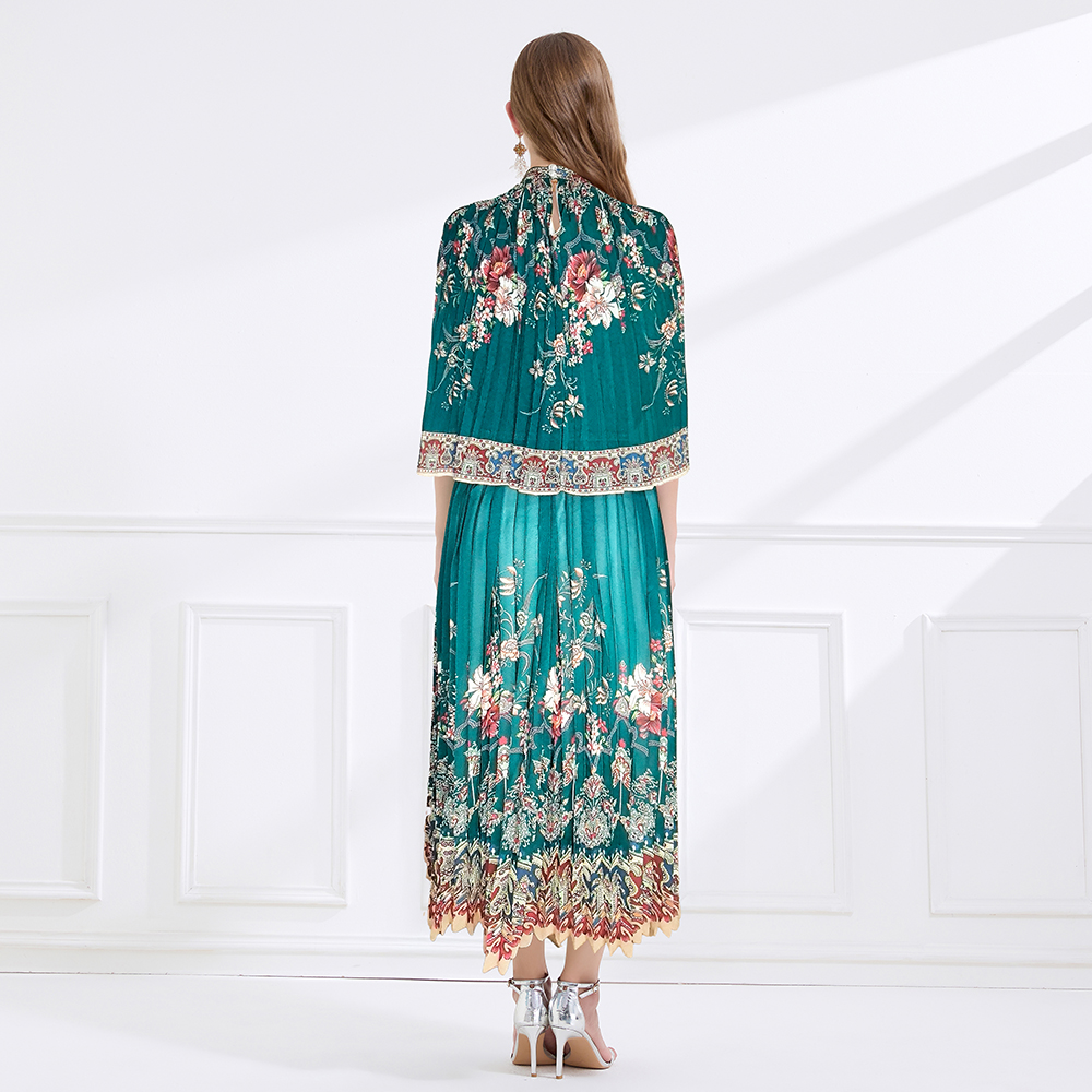 Chiffon printing cstand collar pleated frenum long dress