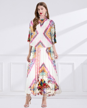 Printing pleated cstand collar summer court style long dress
