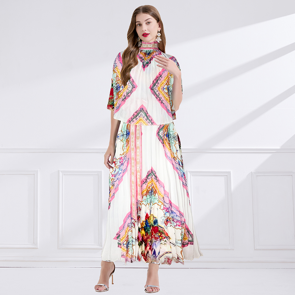 Printing pleated cstand collar summer court style long dress