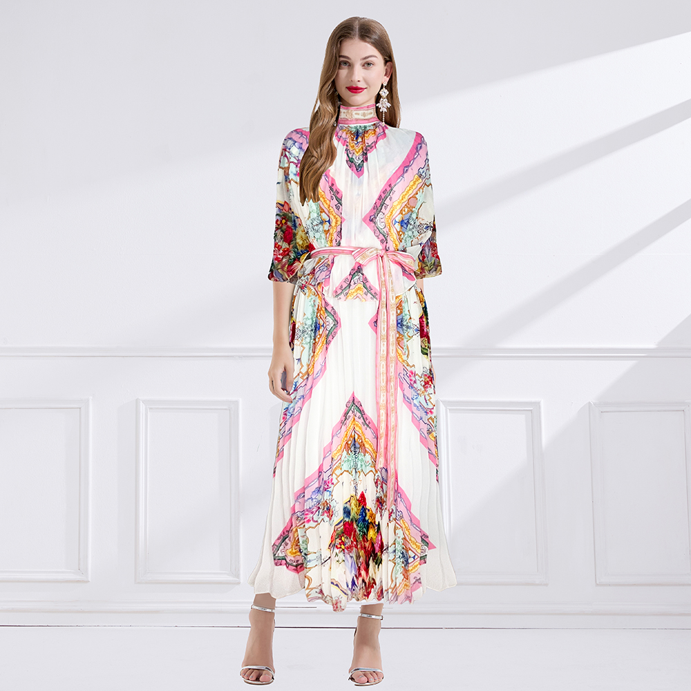 Printing pleated cstand collar summer court style long dress