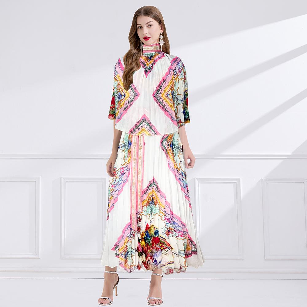 Printing pleated cstand collar summer court style long dress