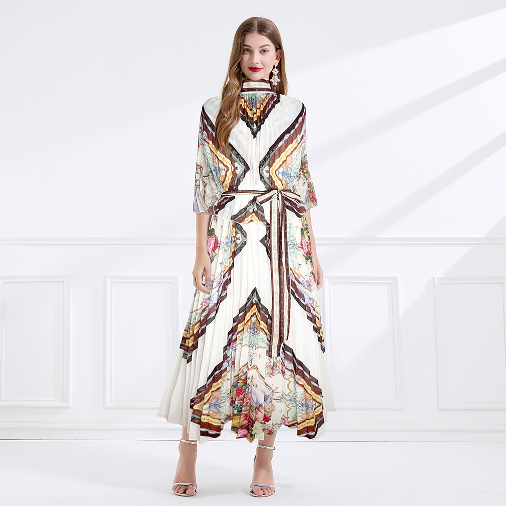 Summer court style cstand collar retro chiffon long dress