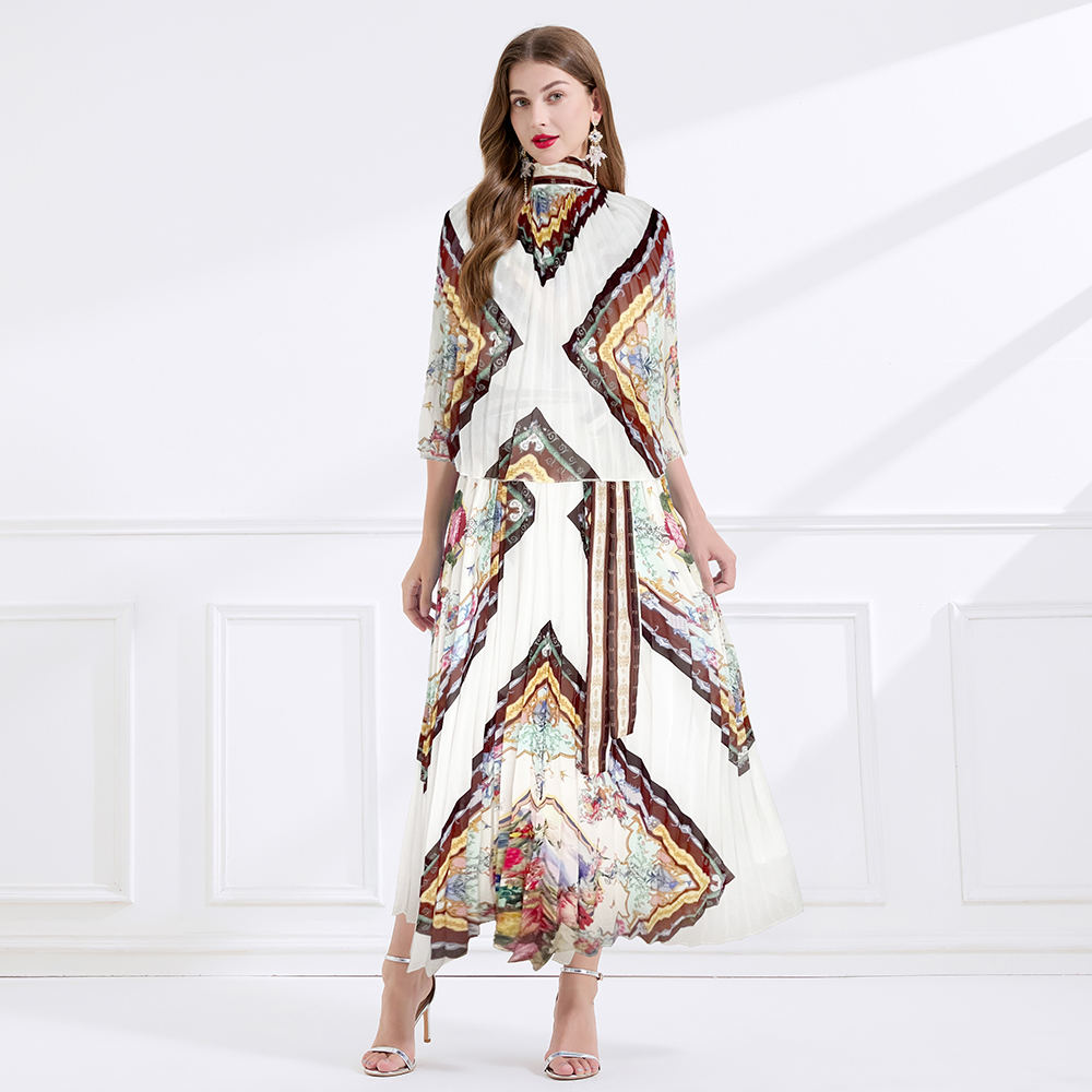 Summer court style cstand collar retro chiffon long dress