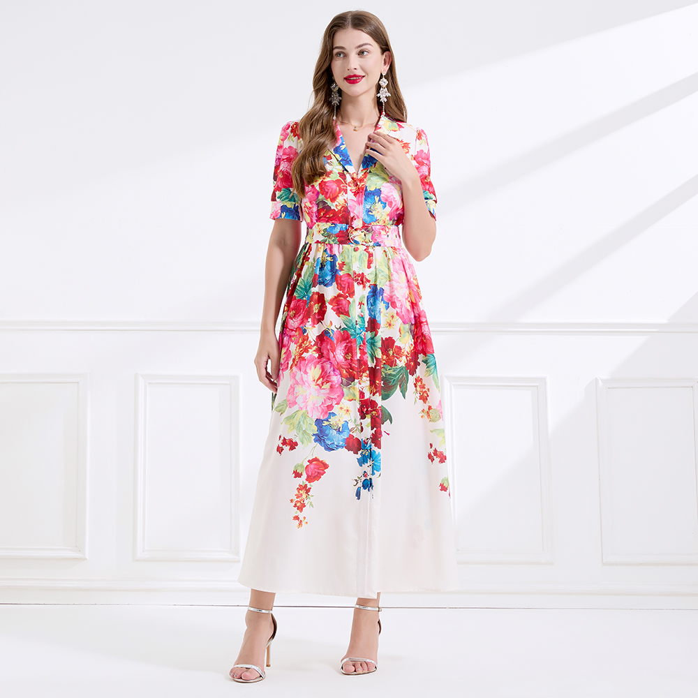 Vacation seaside business suit flax printing dress
