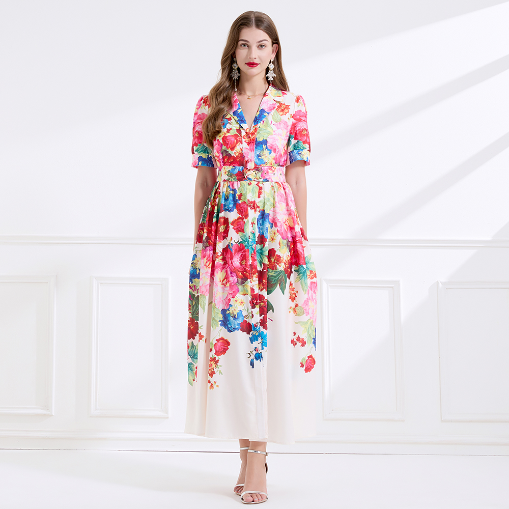 Vacation seaside business suit flax printing dress