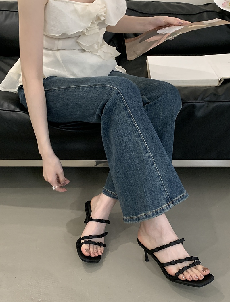 Bow slippers square head high-heeled shoes for women