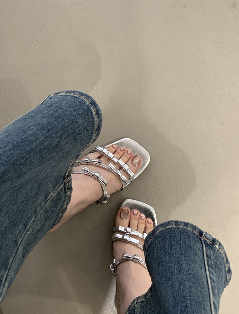 Bow slippers square head high-heeled shoes for women