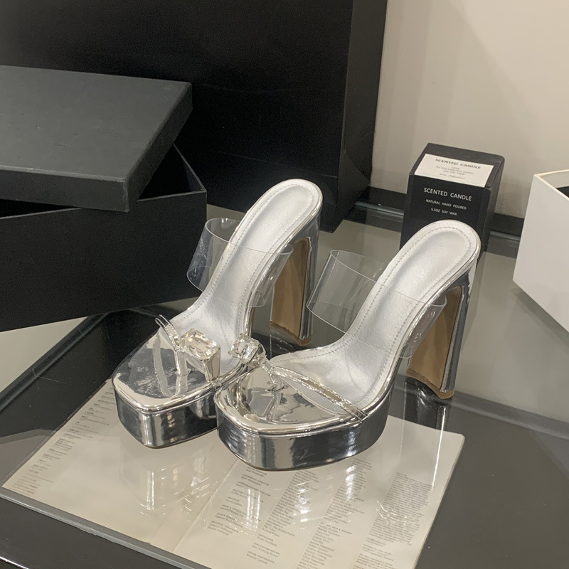 Thick square head platform rhinestone high-heeled shoes