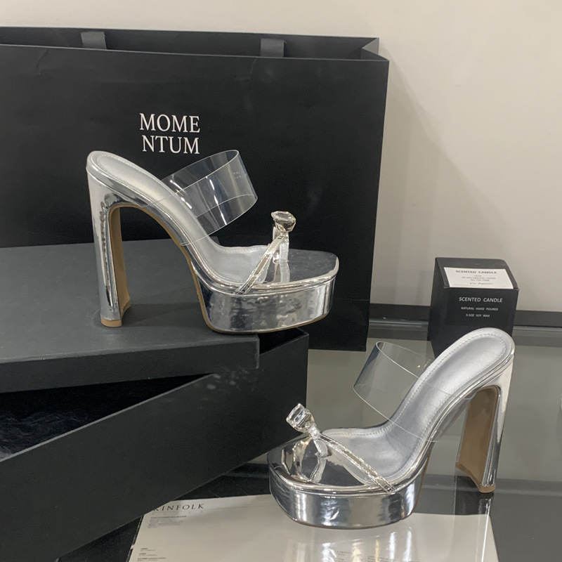 Thick square head platform rhinestone high-heeled shoes