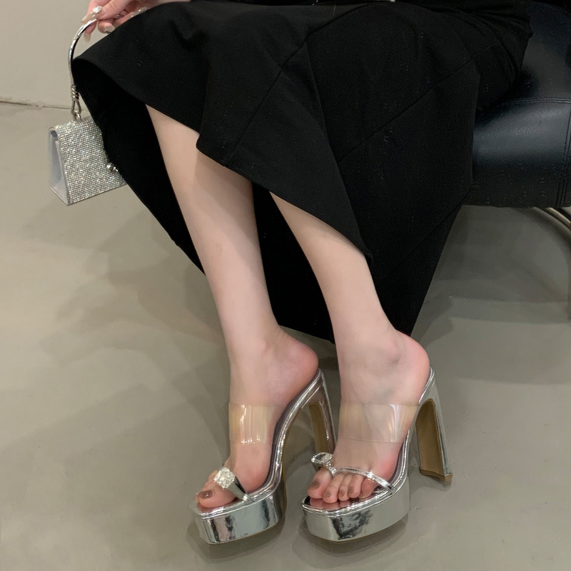 Thick square head platform rhinestone high-heeled shoes