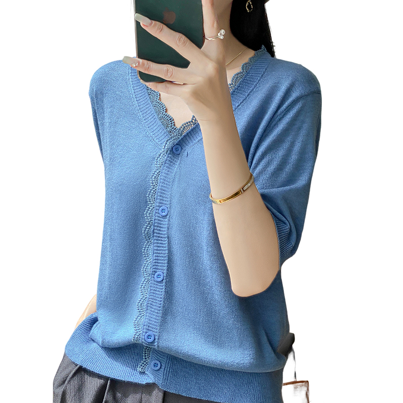 Western style ice silk T-shirt V-neck tops for women
