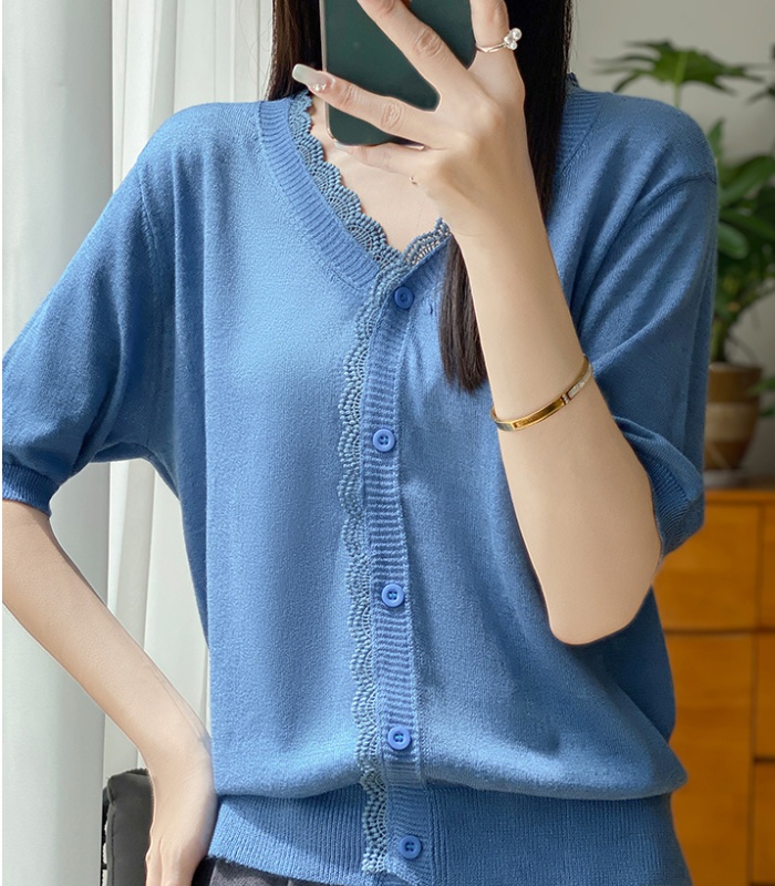 Western style ice silk T-shirt V-neck tops for women