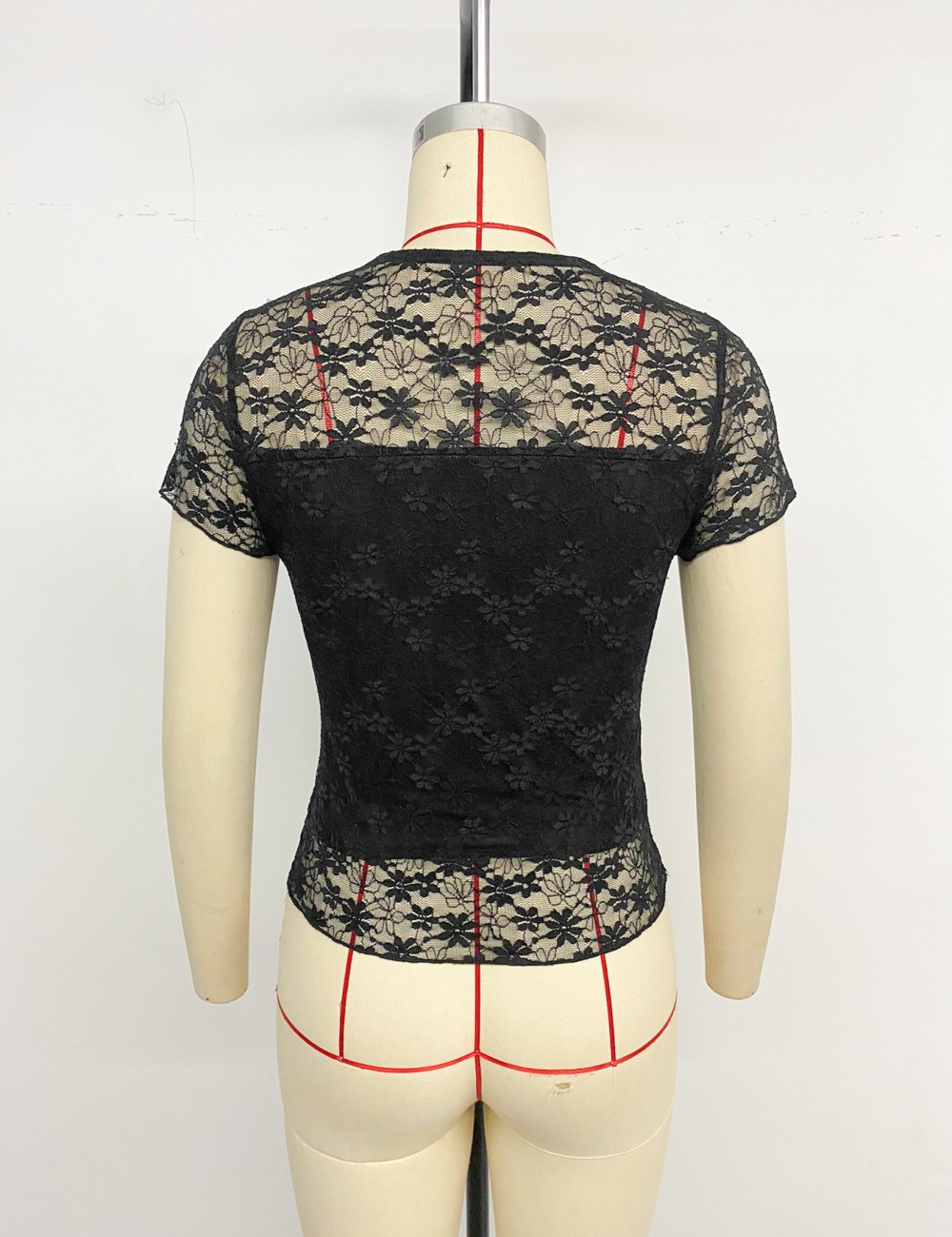 Simple round neck Casual black lace sexy splice summer tops