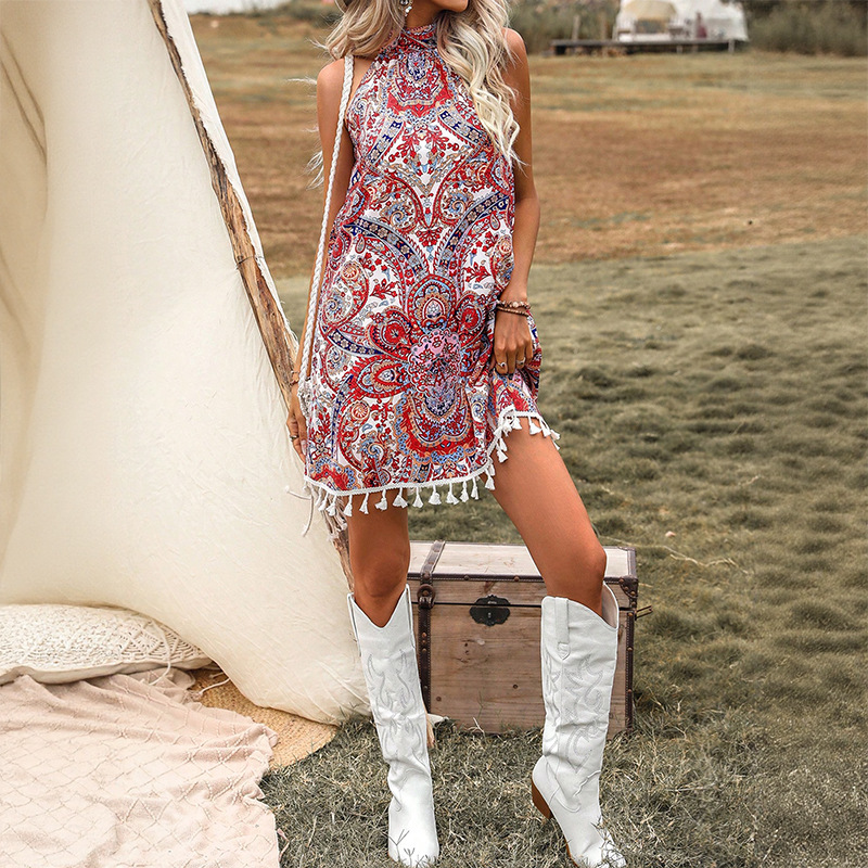 Halter printing European style unique dress
