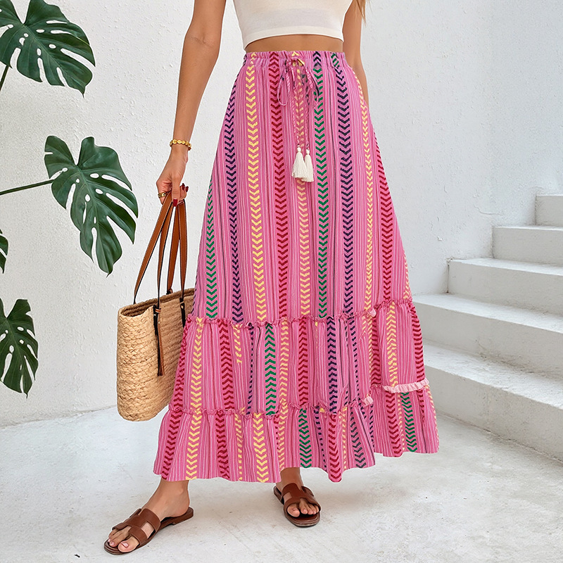 Frenum tassels summer European style slim stripe skirt