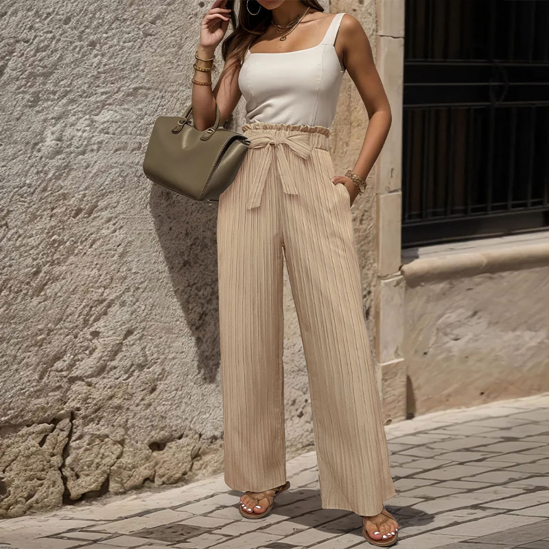 Wide leg frenum bow thin summer pure pants for women