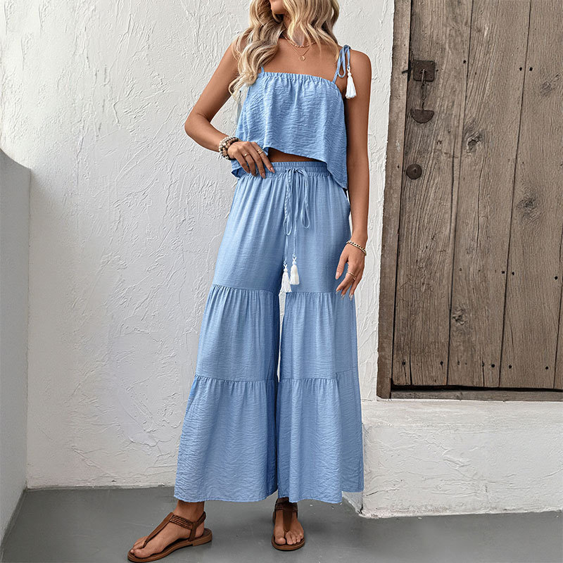 Pure sling tops wide leg fresh long pants 2pcs set