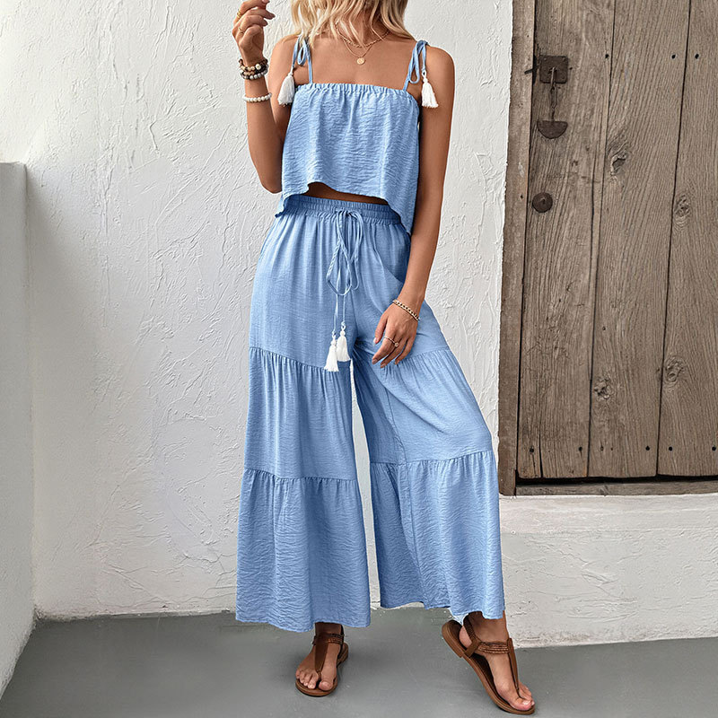 Pure sling tops wide leg fresh long pants 2pcs set