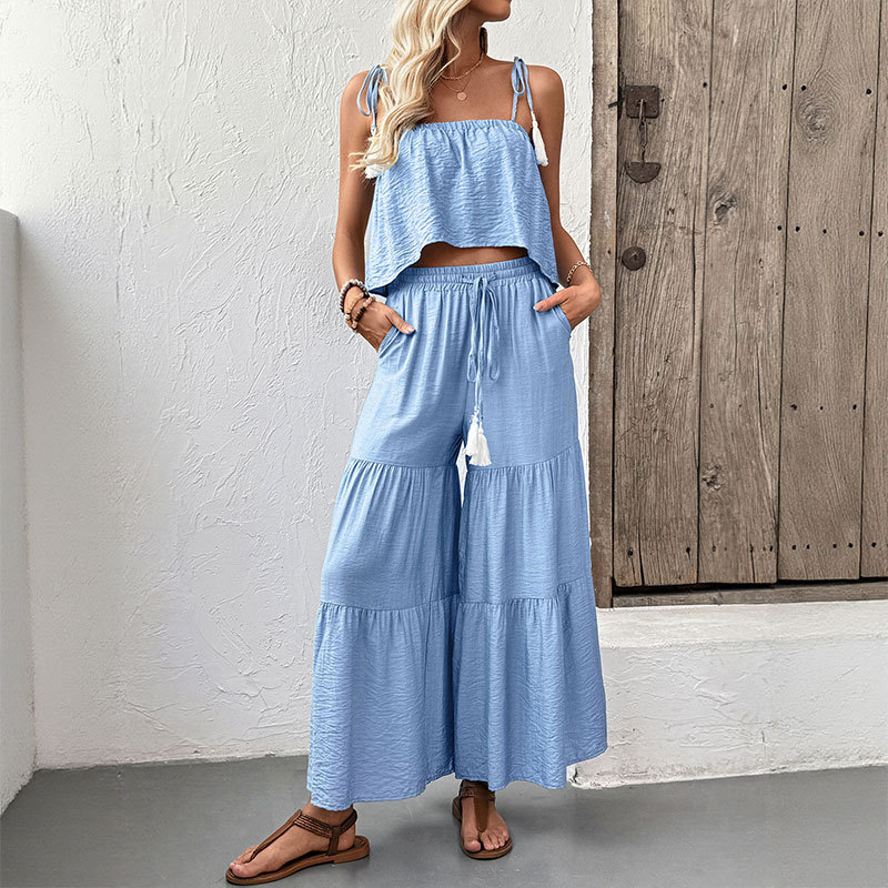 Pure sling tops wide leg fresh long pants 2pcs set