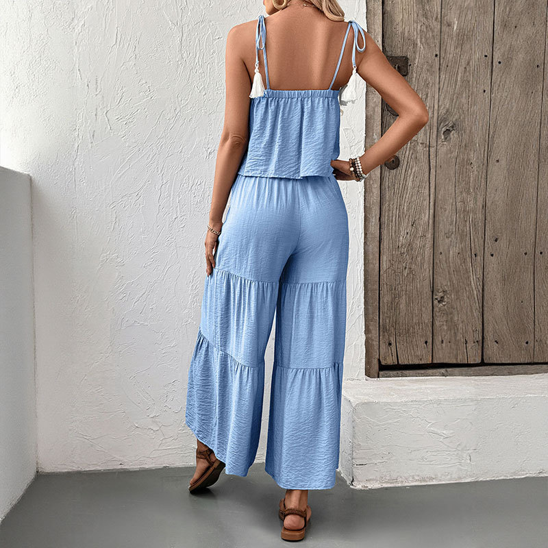 Pure sling tops wide leg fresh long pants 2pcs set