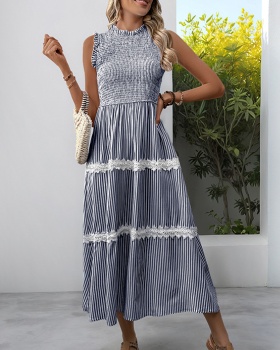 Casual sleeveless summer stripe wood ear sweet lace dress