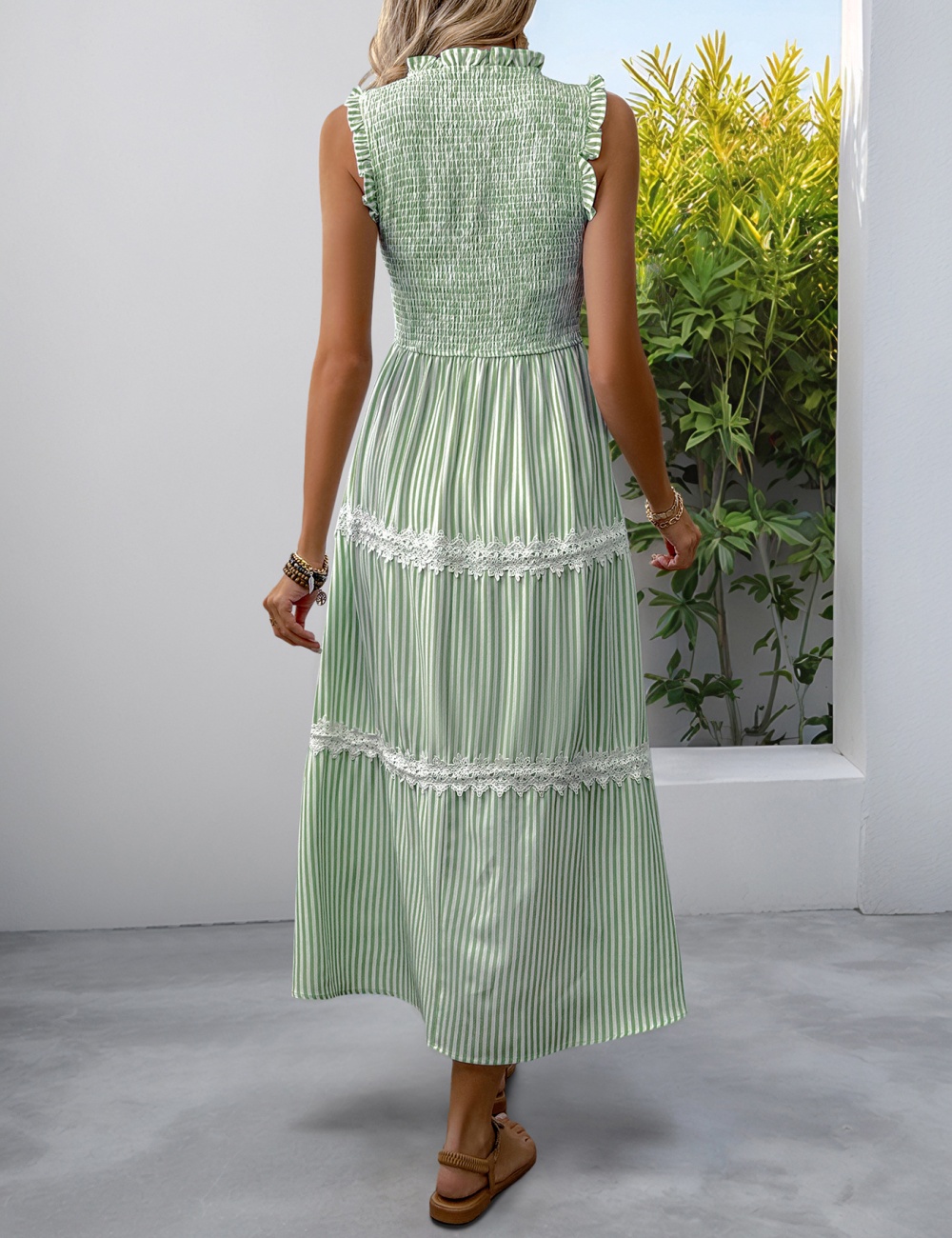 Casual sleeveless summer stripe wood ear sweet lace dress