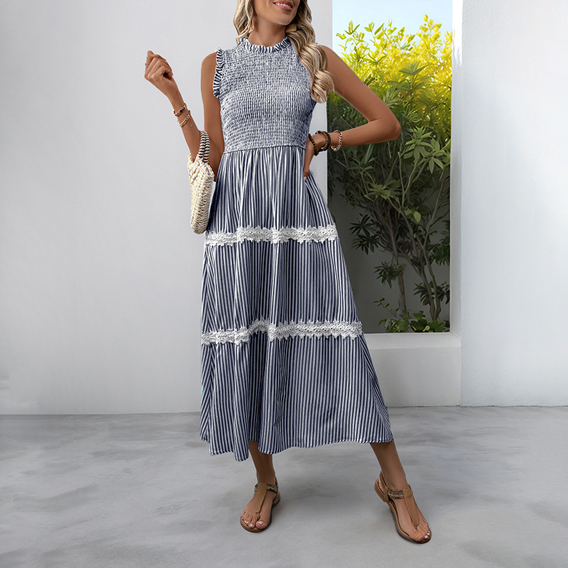 Casual sleeveless summer stripe wood ear sweet lace dress