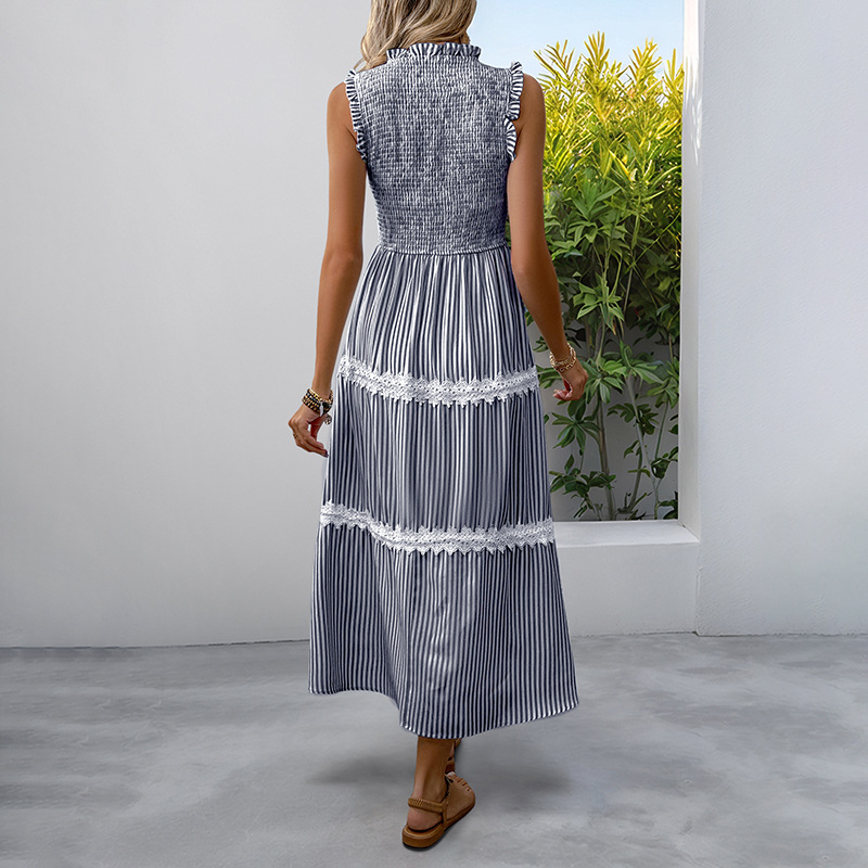 Casual sleeveless summer stripe wood ear sweet lace dress