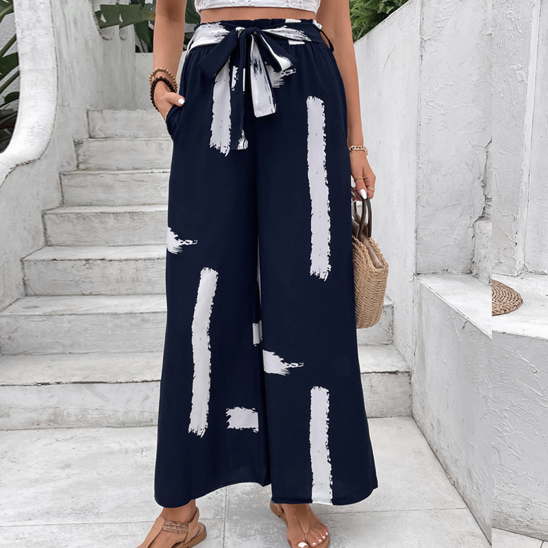 Vacation loose wide leg printing personality frenum pants