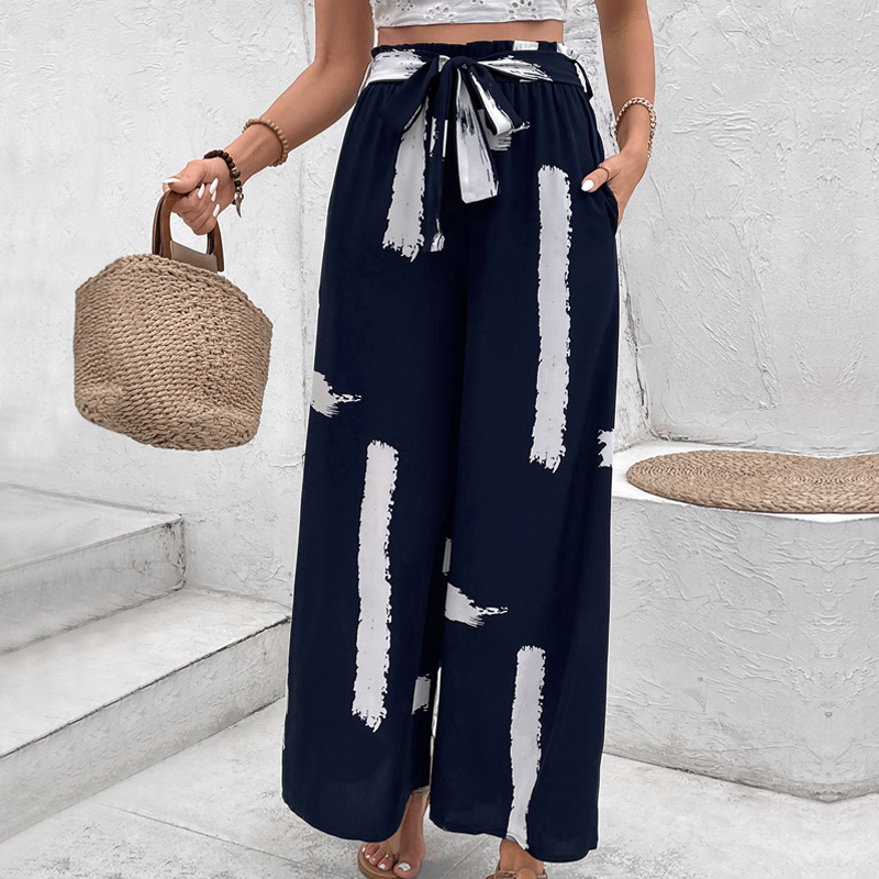 Vacation loose wide leg printing personality frenum pants
