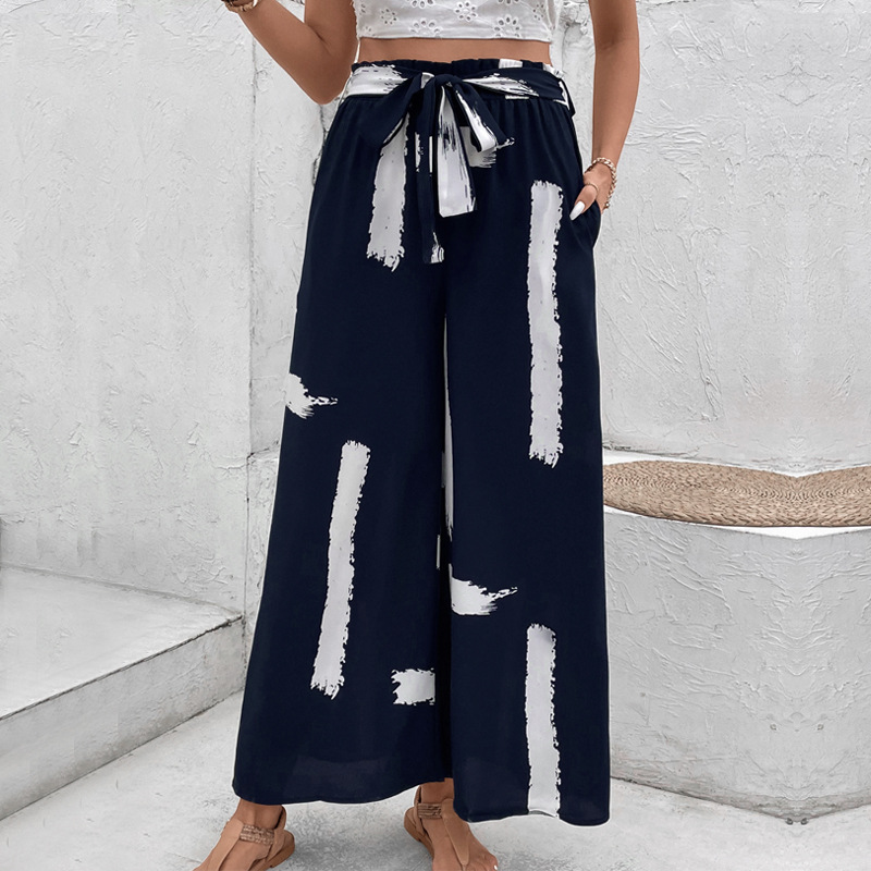 Vacation loose wide leg printing personality frenum pants