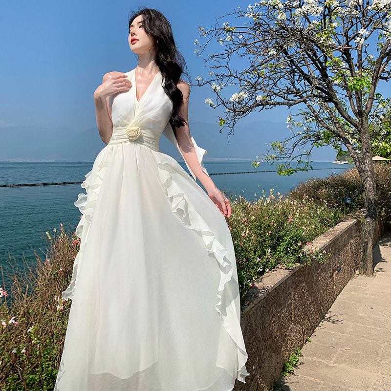 Lady halter long dress chiffon vacation dress