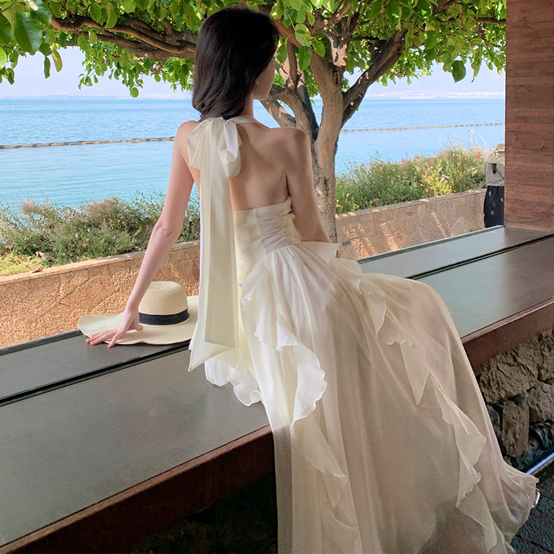 Lady halter long dress chiffon vacation dress
