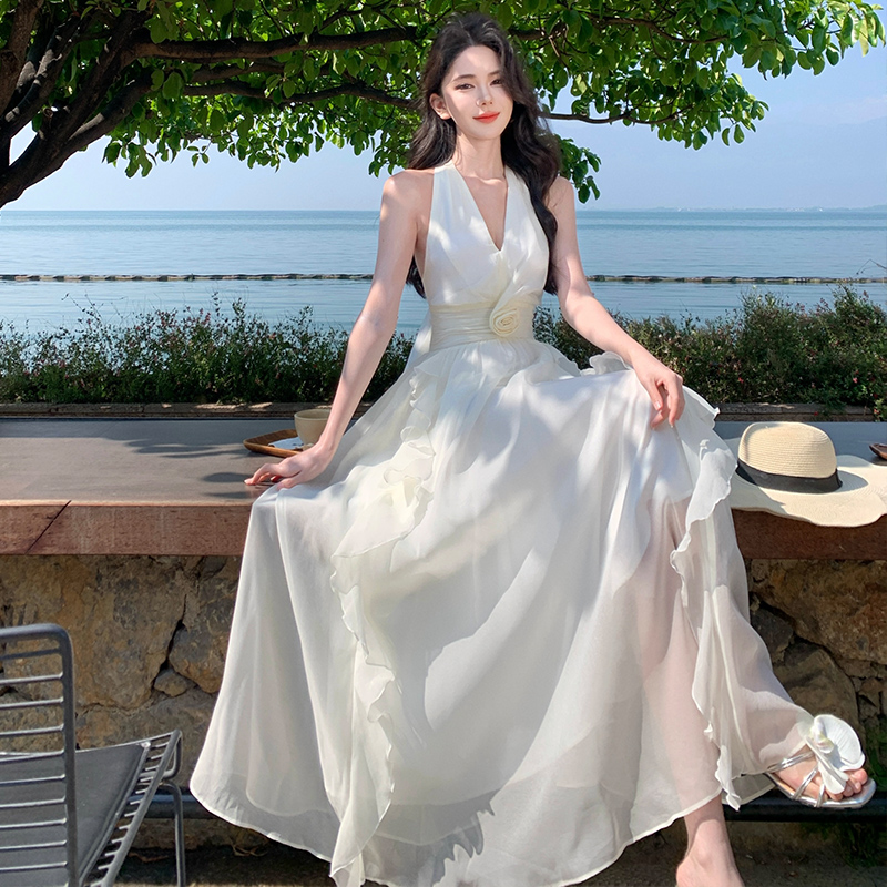 Lady halter long dress chiffon vacation dress