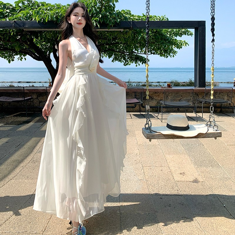 Lady halter long dress chiffon vacation dress