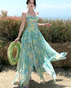 Lace printing blooming jumpsuit sling vacation splice long dress