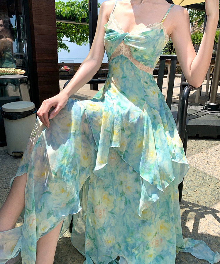 Lace printing blooming jumpsuit sling vacation splice long dress