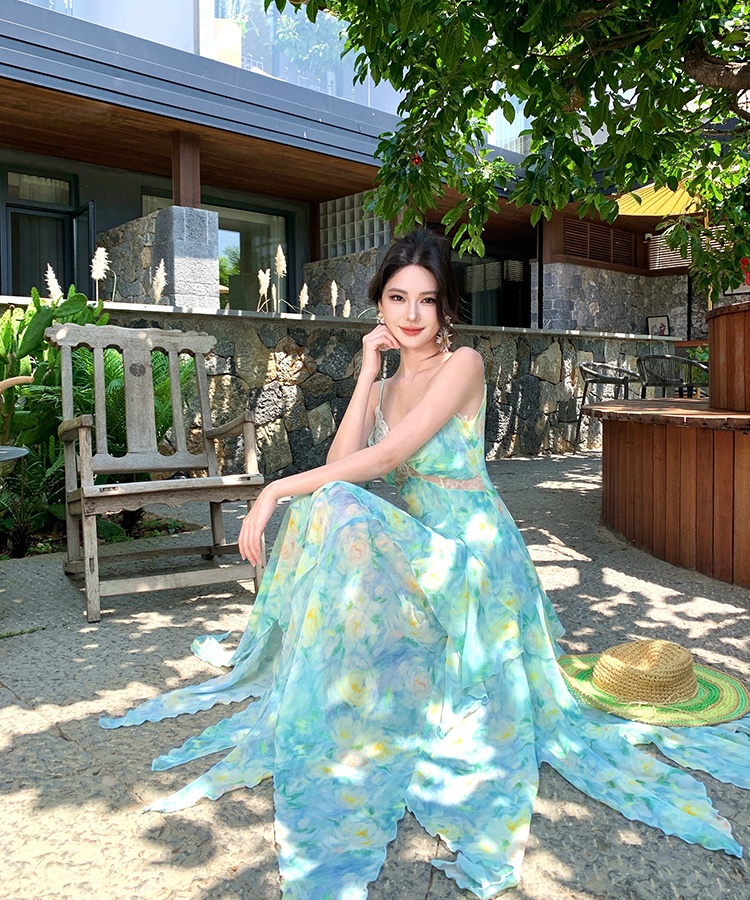 Lace printing blooming jumpsuit sling vacation splice long dress