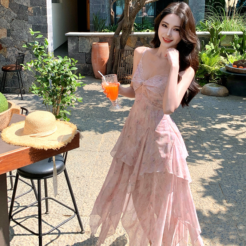 Lace printing blooming jumpsuit sling vacation splice long dress