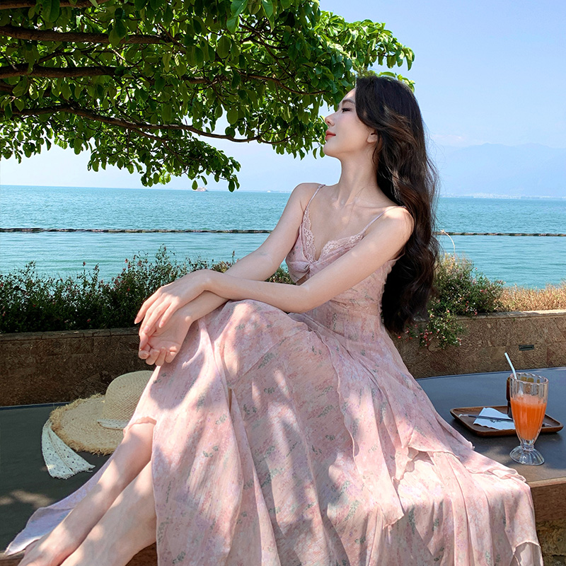 Lace printing blooming jumpsuit sling vacation splice long dress