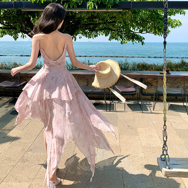 Lace printing blooming jumpsuit sling vacation splice long dress