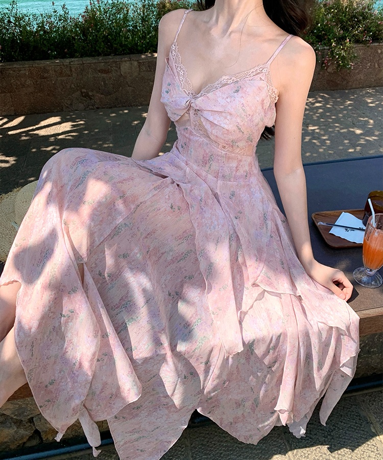 Lace printing blooming jumpsuit sling vacation splice long dress