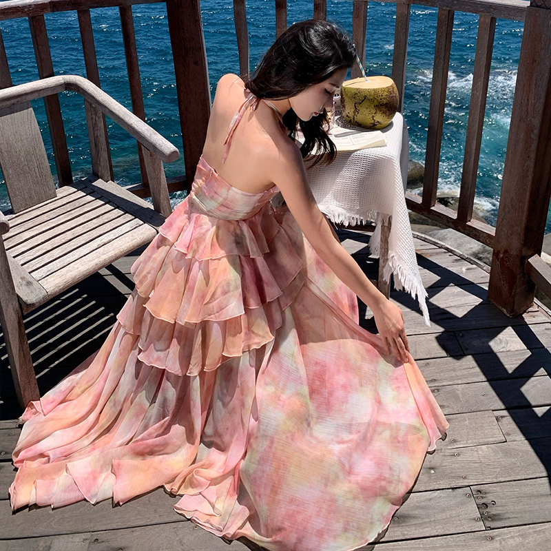 France style floral strap dress irregular dress