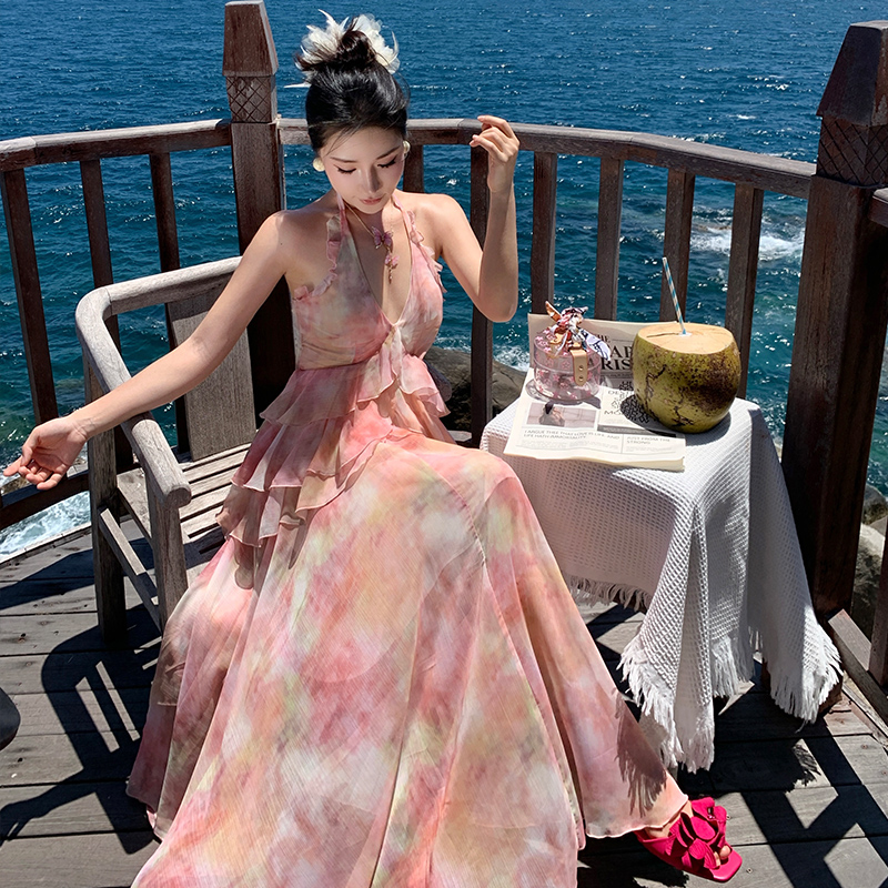 France style floral strap dress irregular dress