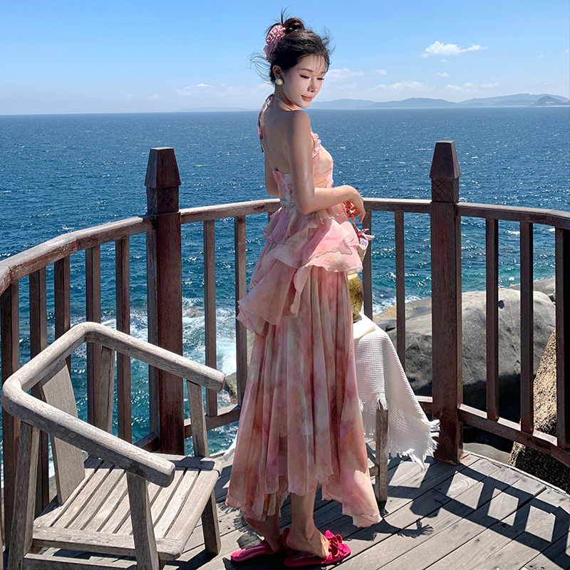 France style floral strap dress irregular dress