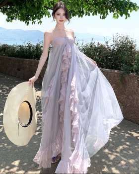 Lady chiffon dress lotus leaf edges long dress for women