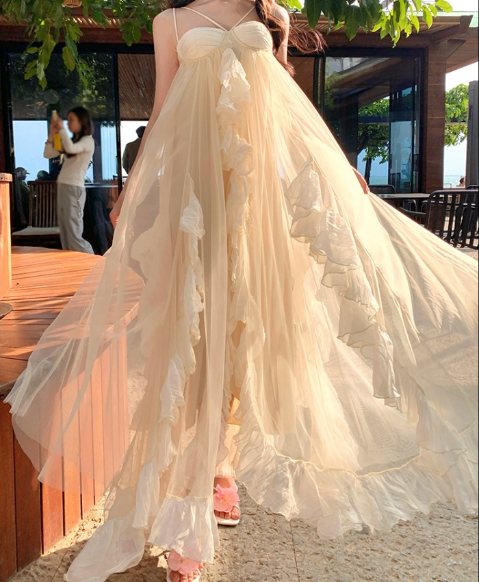 Lady chiffon dress lotus leaf edges long dress for women