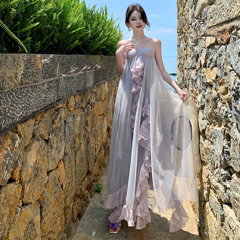 Lady chiffon dress lotus leaf edges long dress for women
