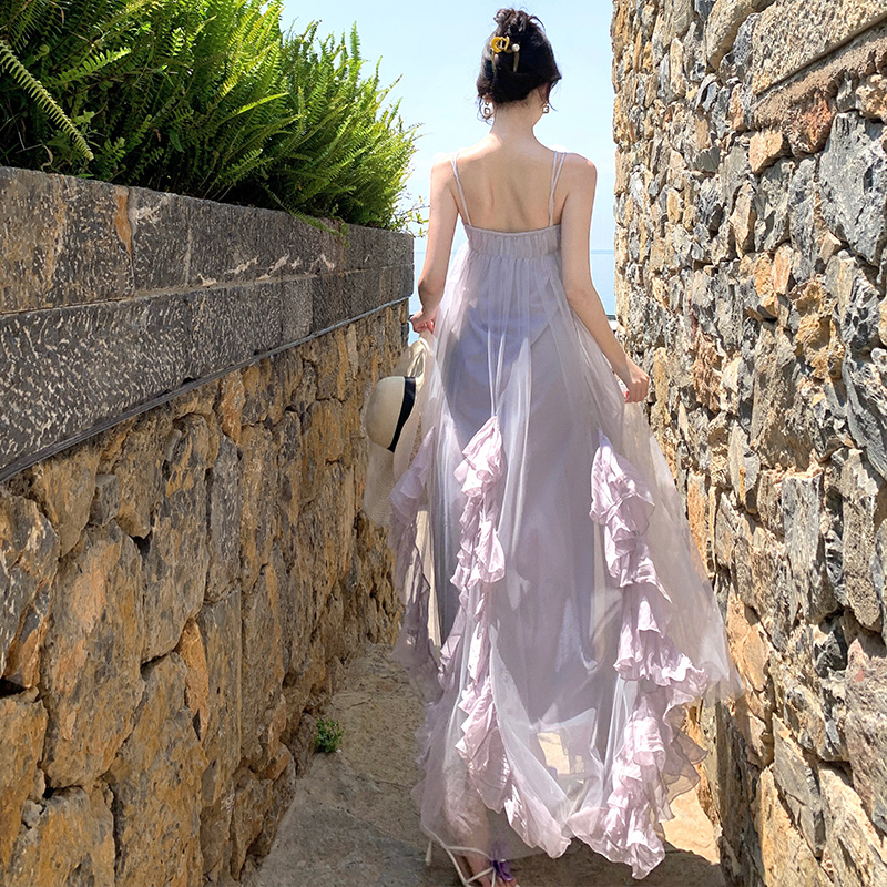 Lady chiffon dress lotus leaf edges long dress for women