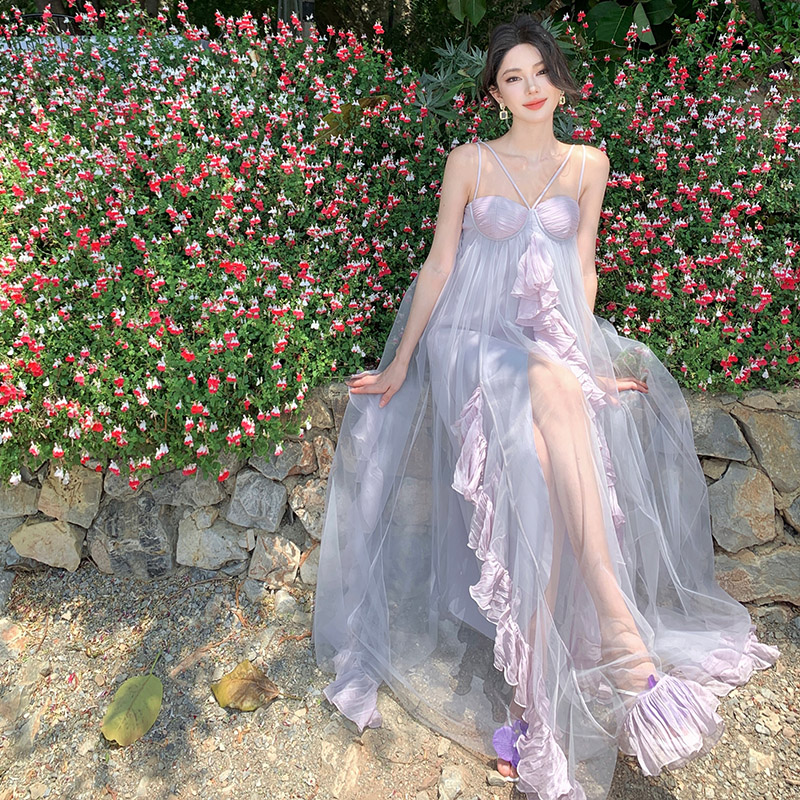 Lady chiffon dress lotus leaf edges long dress for women
